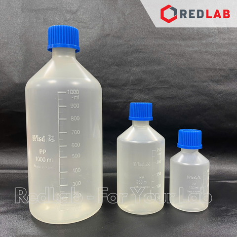 Chai nhựa PP trắng miệng hẹp WISD 100 250 500 1000 2000 ml - nắp vặn xanh GL32 GL 45, chịu nhiệt, vạch nổi, có VAT