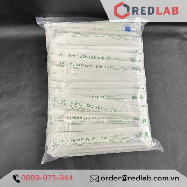 Que gòn lấy mẫu thí nghiệm GREETMED 16cm cán gỗ, tiệt trùng từng ống nhựa, đóng vỉ giấy, disposable swab test, có VAT
