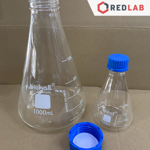 Bình tam giác nặp vặn xanh BIOHALL 50 100 150 250 500 1000 ML – GL25 GL32, chia vạch trắng, có VAT