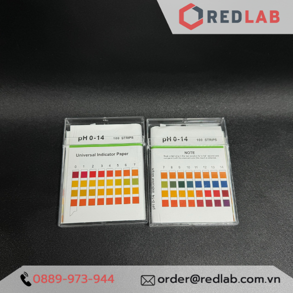Que thử pH 0 - 14 indicator strips, chính xác cao với bảng 4 màu chuẩn cho từng độ pH, hộp 100 que test, có VAT