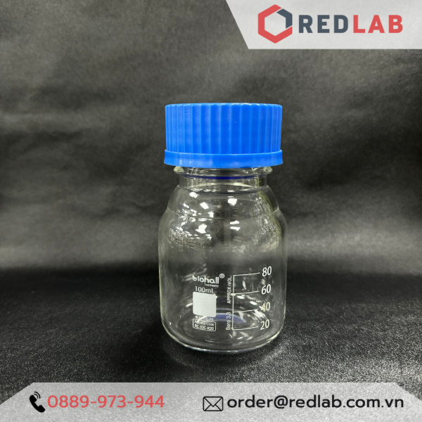 Chai trung tính trắng BIOHALL  25ml đến 20L - nắp vặn PP xanh GL25 GL32 GL45, thuỷ tinh boro 3.3 vạch trắng, có VAT