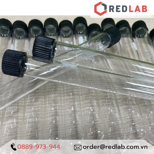 Ống nghiệm có nắp BIOHALL Ø 12 16 18 20 25 38 mm, thuỷ tinh boro 3.3 chịu nhiệt, nắp vặn nhựa PP đen, in logo, có VAT
