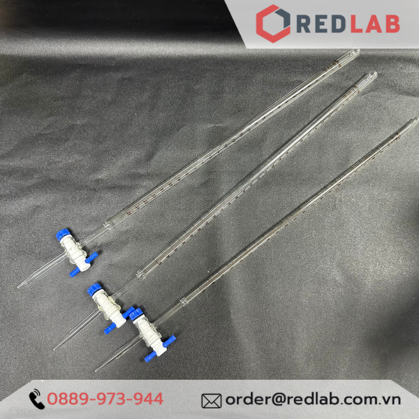 Buret trắng Eco khoá nhựa PTFE ONELAB10 25 50ml, burette thủy tinh chia vạch cho thí nghiệm chuẩn độ, có VAT