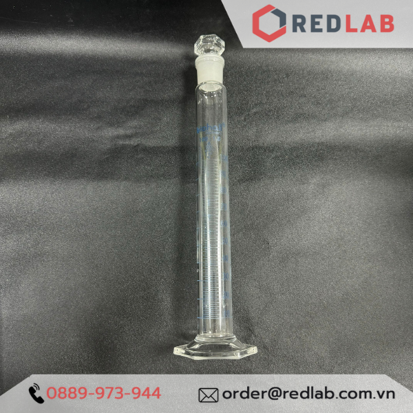 Ống đong thuỷ tinh có nút (cổ nhám) BIOHALL 10 25 50 100 250 500 1000 2000 ml, Class A, đế lục giác, chia vạch xanh, có VAT