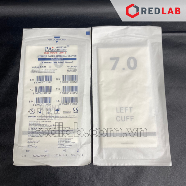 [Hộp 50 đôi] Găng tay cao su latex tiệt trùng có bột PA Gloves (Malaysia) size 6.5 7.0 7.5 8.0  dùng trong thí nghiệm, có VAT