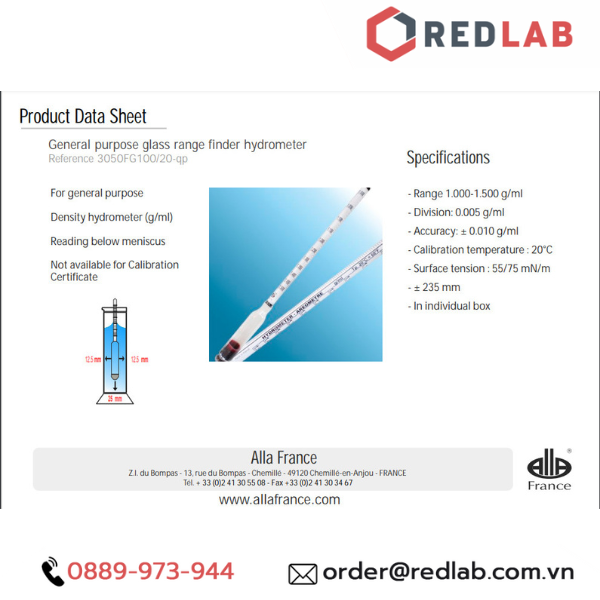 Tỷ trọng kế 1.000-1.500 : 0.005 g/ml Tp 20°C ALLA 3050FG100/20-QP hydrometer, có VAT