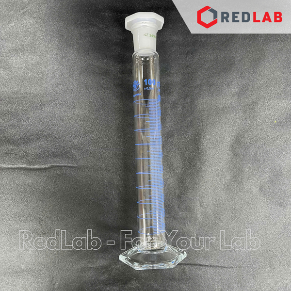 Ống đong thủy tinh nút nhựa SIMAX Class A 100 250 500 1000 ml - 24/29 29/32 34/35 45/40 đế lục giác, vạch xanh, có VAT