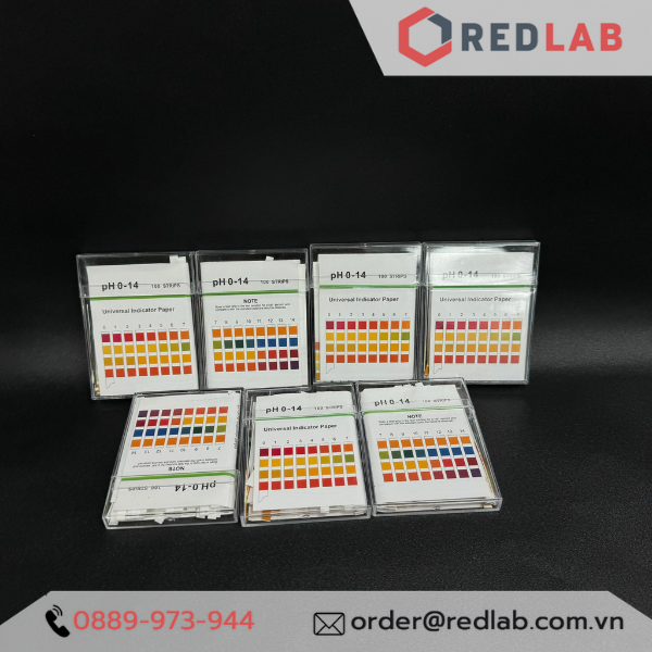 Que thử pH 0 - 14 indicator strips, chính xác cao với bảng 4 màu chuẩn cho từng độ pH, hộp 100 que test, có VAT