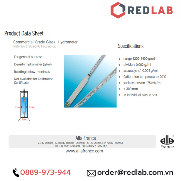 Tỷ trọng kế 1.200-1.400 : 0.002 g/ml Tp 20°C ALLA 3020FG120/20-QP hydrometer, có VAT