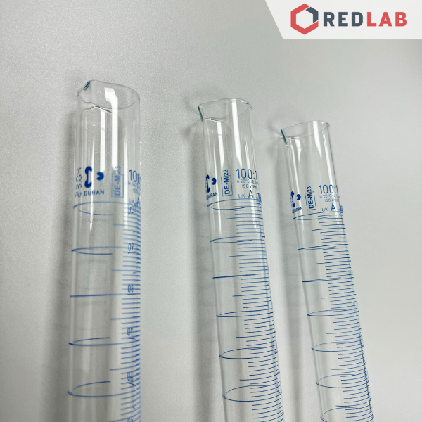 Ống đong thủy tinh DURAN Class A 10 25 50 100 250 500 1000 2000 ml, đế lục giác, vạch xanh, Measuring Cylinder, có VAT