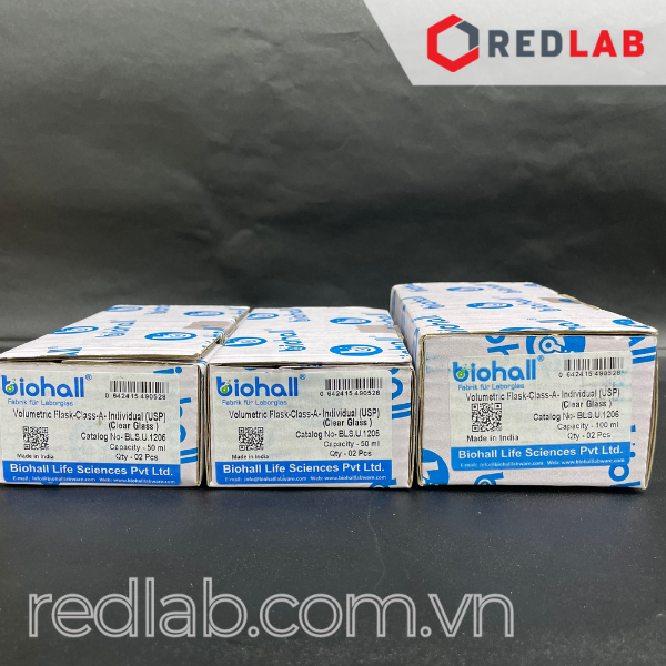 Bình định mức trắng BIOHALL chuẩn USP 1 2 5 10 20 25 50 100 200 250 500 ml 1L 2L 5L 10L, class A, nút nhựa, vạch sơn xanh, có VAT