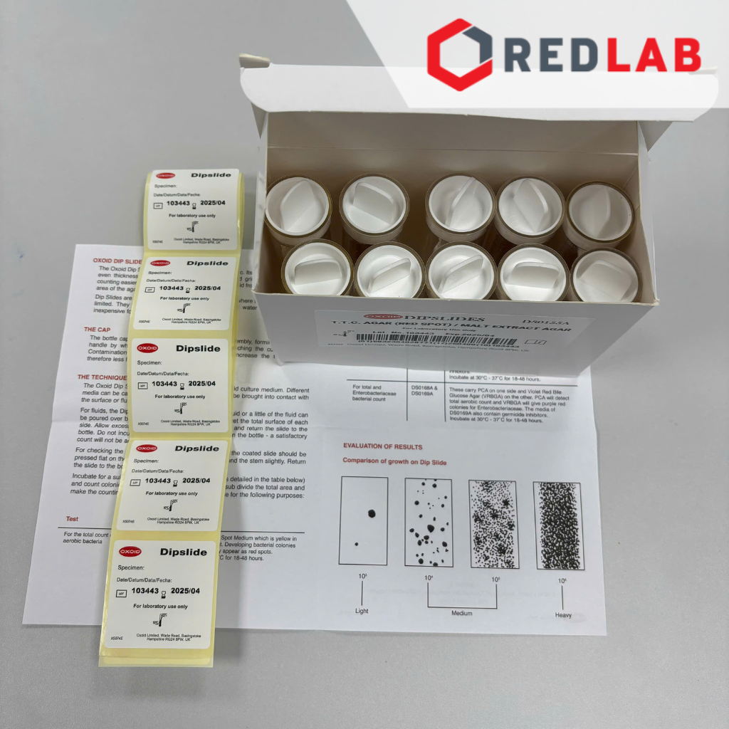 [Hộp 10 ống] Môi trường TTC & malt extract flexi slide OXOID DS0155A, 2 mặt Dip-slides Industrial (Red spot), có VAT