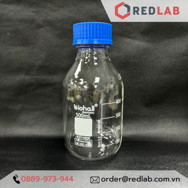 Chai trung tính trắng BIOHALL  25ml đến 20L - nắp vặn PP xanh GL25 GL32 GL45, thuỷ tinh boro 3.3 vạch trắng, có VAT