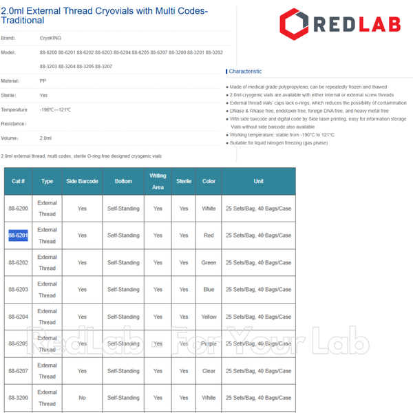 Lọ trữ lạnh BIOLOGIX 88-6201 có bar code 2.0ml, chia vạch đến 1.8ml, nắp đỏ, tiệt trùng, nhựa(25 cái/gói) -196oC, hấp 121oC (Cryoking), Chân sao, có VAT