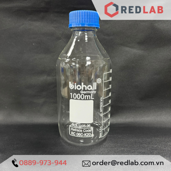 Chai trung tính trắng BIOHALL  25ml đến 20L - nắp vặn PP xanh GL25 GL32 GL45, thuỷ tinh boro 3.3 vạch trắng, có VAT