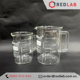  Cốc thuỷ tinh có tay cầm 250ml 500ml BIOHALL Germany - beaker có quai, chia vạch trắng, có VAT 