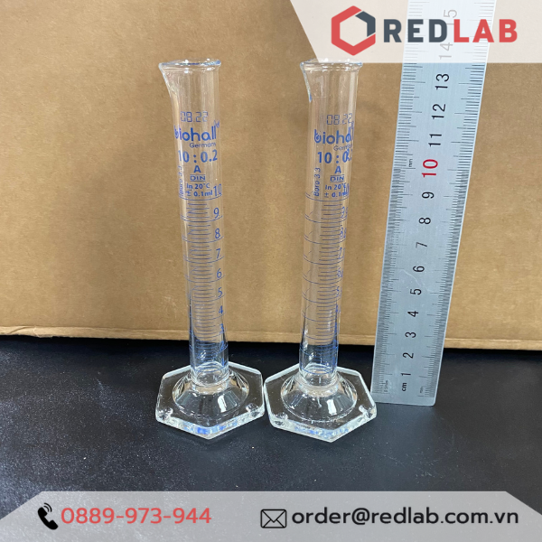 Ống đong thuỷ tinh BIOHALL 5 10 25 50 100 250 500 ML 1L 2L, Class A, đế lục giác, chia vạch xanh, có VAT