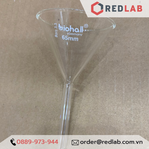 Phễu thuỷ tinh BIOHALL Class A Ø 25 35 50 55 65 70 75 100 120 125 150 mm, thuỷ tinh Boro 3.3, funnel thí nghiệm, có VAT