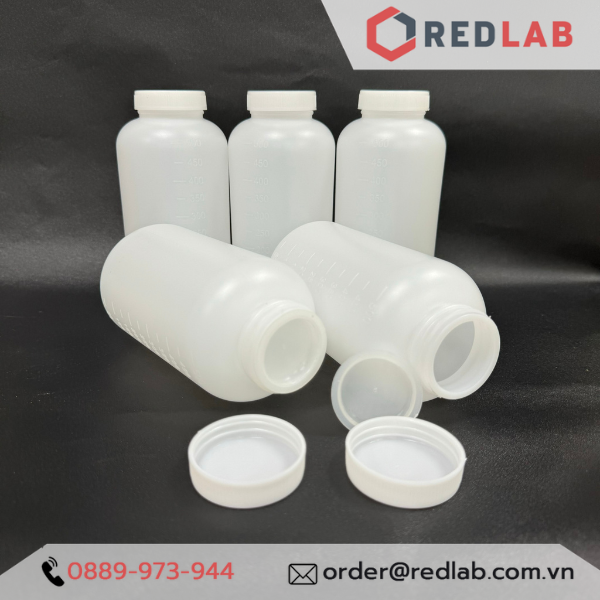 Chai nhựa PP trắng Việt Nam 500ml chia vạch nổi trắng, miệng rộng có nắp vặn và nắp đệm, có VAT