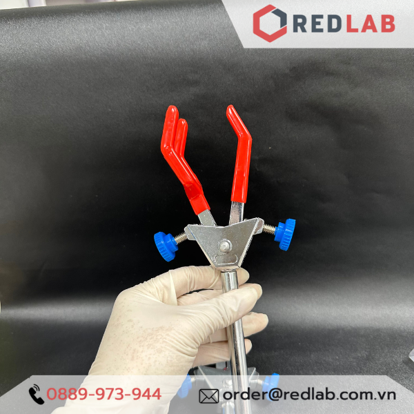Kẹp bình cầu 3 càng Genlab, khẩu độ 70mm, dùng cho các thí nghiệm hoá học, có VAT