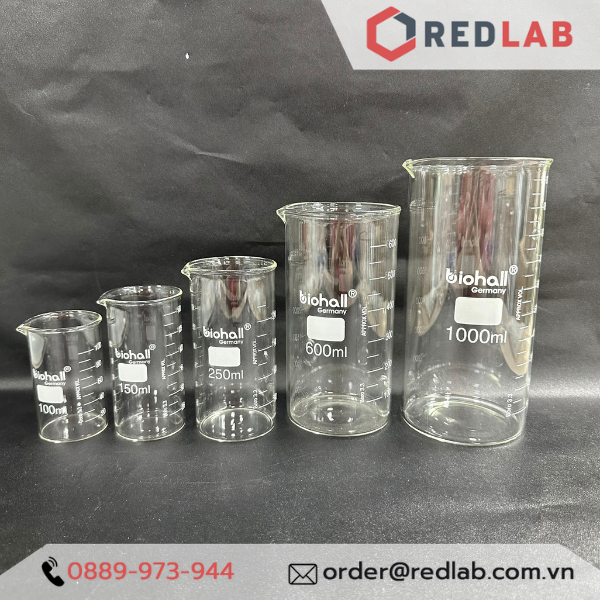 Cốc đốt Cao thành, beaker thuỷ tinh chịu nhiệt độ cao BIOHALL Germany 50 100 150 250 400 500 600 1000 ml