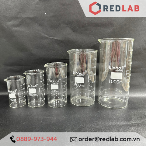Cốc đốt Cao thành, beaker thuỷ tinh chịu nhiệt độ cao BIOHALL Germany -Redlab