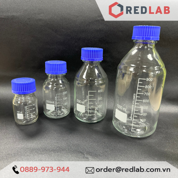 Chai trắng Eco nắp vặn xanh ONELAB 100 250 500 1000 ml – GL45, chai thuỷ tinh soda-lime, đựng mẫu thí nghiệm, có VAT
