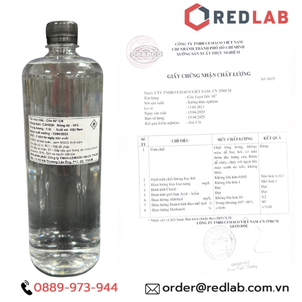 Cồn 70 độ, 90 độ, 96 độ (chai 1 lít) hãng CEMACO Việt Nam, 70% 90% 96% Ethanol, có VAT