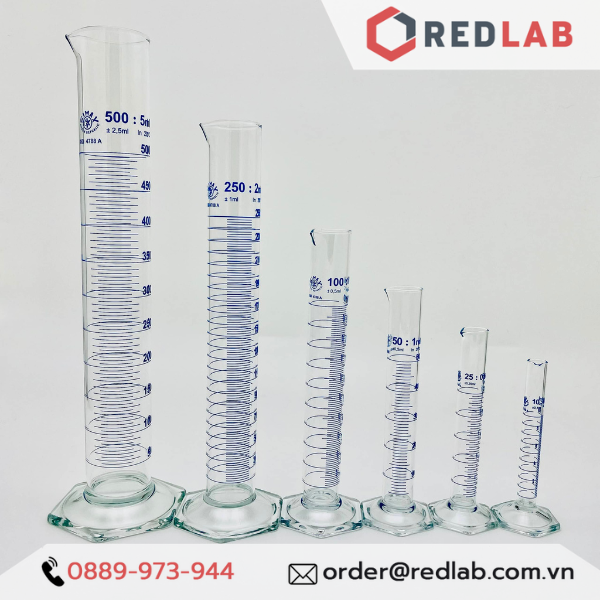 Ống đong thủy tinh SIMAX Class A 5 10 25 50 100 250 500 1000 ml, đế lục giác, vạch xanh, Measuring Cylinder, có VAT