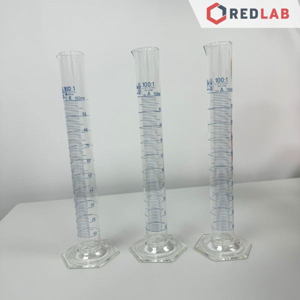 Ống đong thủy tinh DURAN Class A 10 25 50 100 250 500 1000 2000 ml, đế lục giác, vạch xanh, Measuring Cylinder, có VAT