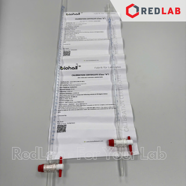 Buret thủy tinh trắng BIOHALL khóa nhựa PTFE 10 25 50 100 ml, Class AS, có VAT