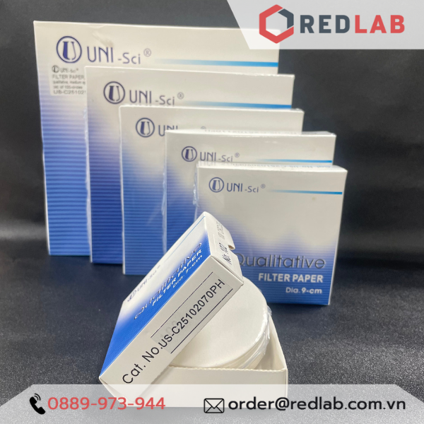 Giấy lọc định tính UNI-Sci Ø 7 9 11 12.5 15 18.5 24 32 cm (hộp 100 tờ) chảy nhanh 101, trung bình 102, chậm 103, có VAT