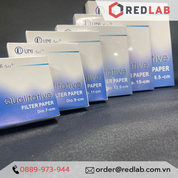 Giấy lọc định tính UNI-Sci Ø 7 9 11 12.5 15 18.5 24 32 cm (hộp 100 tờ) chảy nhanh 101, trung bình 102, chậm 103, có VAT