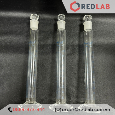 Ống đong thuỷ tinh có nút (nắp đậy nhám) hãng BIOHALL, đế lục giác, vạch sơn xanh - Redlab