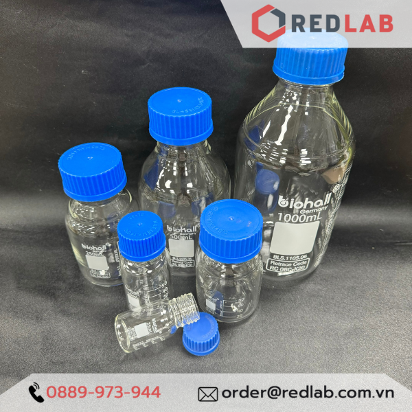 Chai trung tính trắng BIOHALL  25ml đến 20L - nắp vặn PP xanh GL25 GL32 GL45, thuỷ tinh boro 3.3 vạch trắng, có VAT