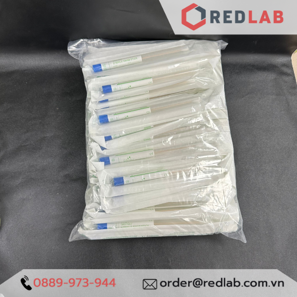 Que gòn lấy mẫu thí nghiệm GREETMED 16cm cán gỗ, tiệt trùng từng ống nhựa, đóng vỉ giấy, disposable swab test, có VAT