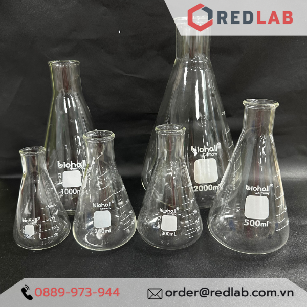 Bình tam giác miệng hẹp BIOHALL 125 150 250 300 500 1000 ml, bình nón – bình erlen MH, mark trắng, có VAT