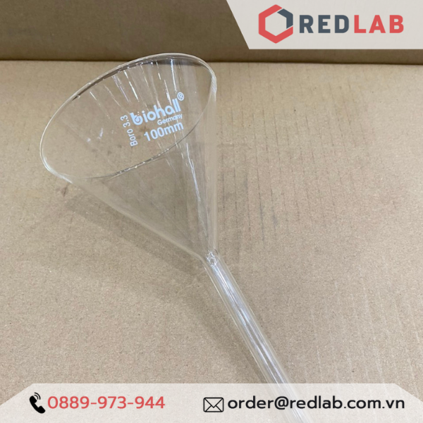 Phễu thuỷ tinh BIOHALL Class A Ø 25 35 50 55 65 70 75 100 120 125 150 mm, thuỷ tinh Boro 3.3, funnel thí nghiệm, có VAT