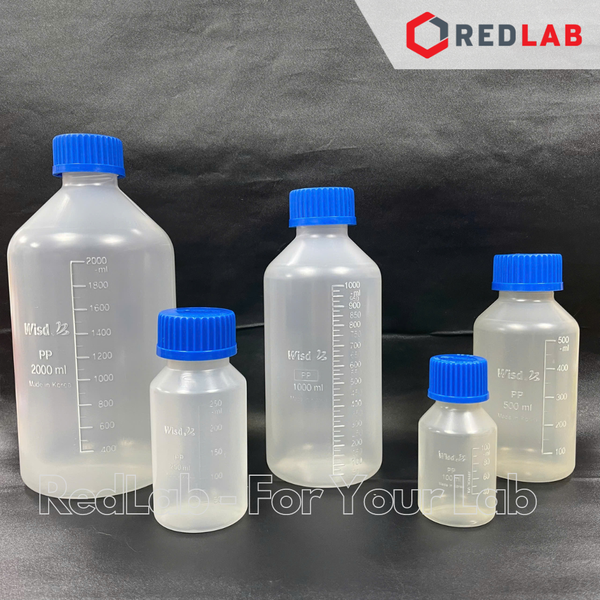 Chai nhựa PP trắng miệng rộng WISD 100 250 500 1000 2000 ml - nắp vặn xanh GL32 GL 45, chịu nhiệt, vạch nổi, có VAT