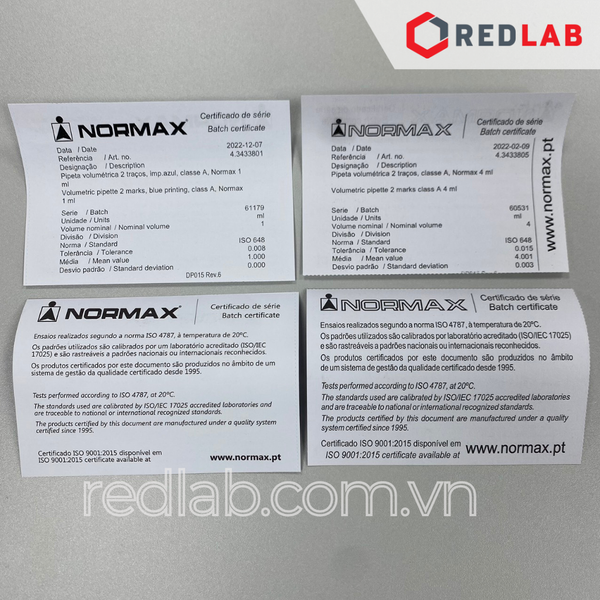 Pipet bầu 2 vạch NORMAX Bồ Đào Nha 0.5 1 2 3 4 5 6 7 8 9 10 11 15 20 25 30 40 50 100 150 ml, có VAT