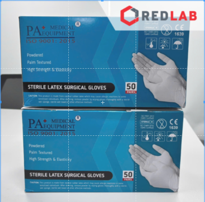 [Hộp 50 đôi] Găng tay cao su latex tiệt trùng Không bột PA Gloves (Malaysia) size 6.5 7.0 7.5 8.0 dùng trong thí nghiệm, có VAT