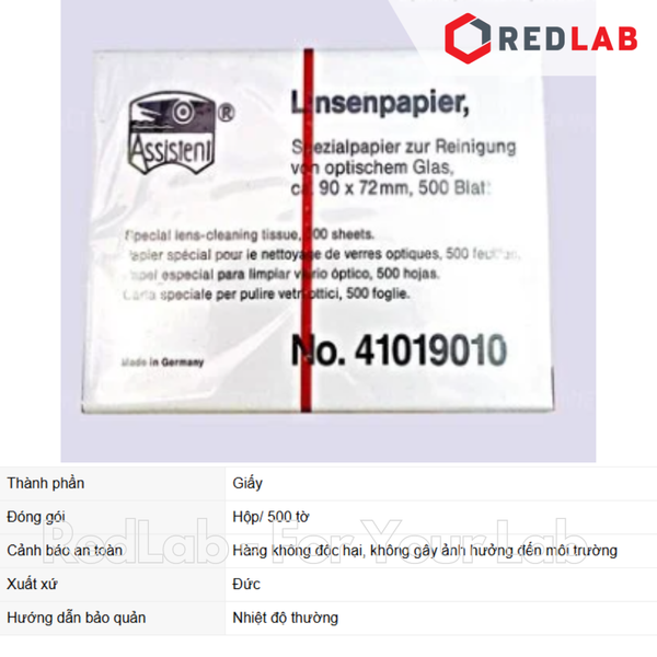 Giấy lau kính hiển vi 90x72mm hãng ASSISTENT, code 41019010 (hộp 500 tờ), có VAT
