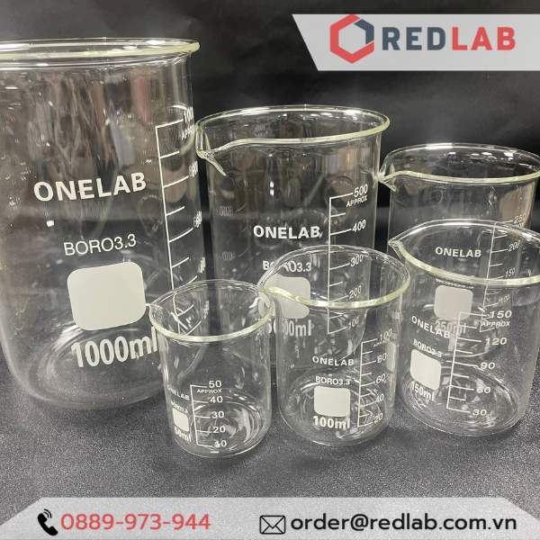 Cốc đốt thủy tinh thấp thành ONELAB 50 100 150 250 500 1000 ml 2 3 5 10 L, beaker thí nghiệm có mỏ, chịu nhiệt, có VAT