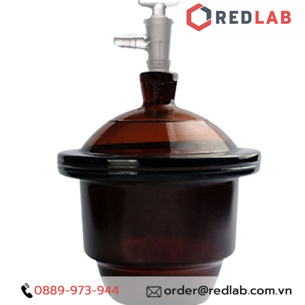 Bình hút ẩm Nâu có vòi ONELAB 180 210 240 300 350 400 mm, dùng lưu trữ hoặc làm khô mẫu thí nghiệm kị sáng, có VAT
