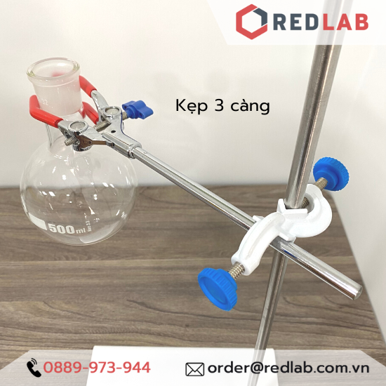 Giá đỡ, khóa đôi, kẹp 3 càng, kẹp cổ bình cầu, sinh hàn, kẹp buret đơn / đôi dùng cho các thí nghiệm hoá học, có VAT