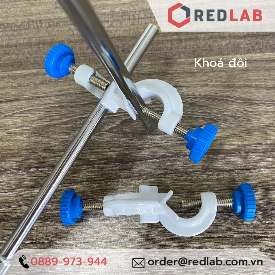 Giá đỡ, khóa đôi, kẹp 3 càng, kẹp cổ bình cầu, sinh hàn, kẹp buret đơn / đôi dùng cho các thí nghiệm hoá học, có VAT