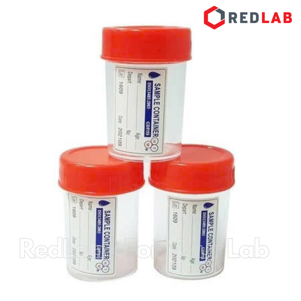 [Gói 100 cái] Lọ đựng mẫu nhựa PS tiệt trùng 55ml Hồng Thiện Mỹ nắp vặn đỏ, có nhãn, dùng trong lab thí nghiệm, có VAT