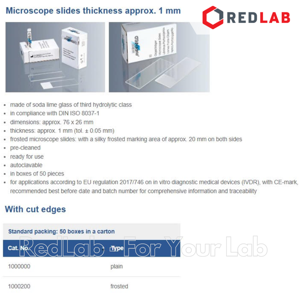 Lam kính trơn / nhám 76x26mm MARIENFELD Đức microscope slide 1000000 1000200 (hộp 50 cái) có VAT