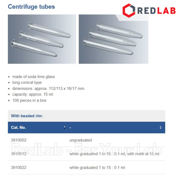 Ống ly tâm thủy tinh 15ml MARIENFELD Đức 3900022, đường kính 16.5mm dài 113mm glass centrifuge tube, có VAT