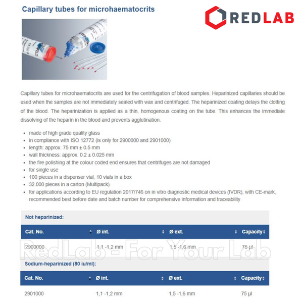 Ống mao quản 75μl dài 75mm, đường kính trong / ngoài: 1.2 / 1.6 mm, hãng MARIENFELD (hộp 100 cái), có VAT